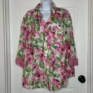 Karen Scott Women's Pink and Green Floral Button-Up Shirt 3/4 Sleeves 2X NWOT